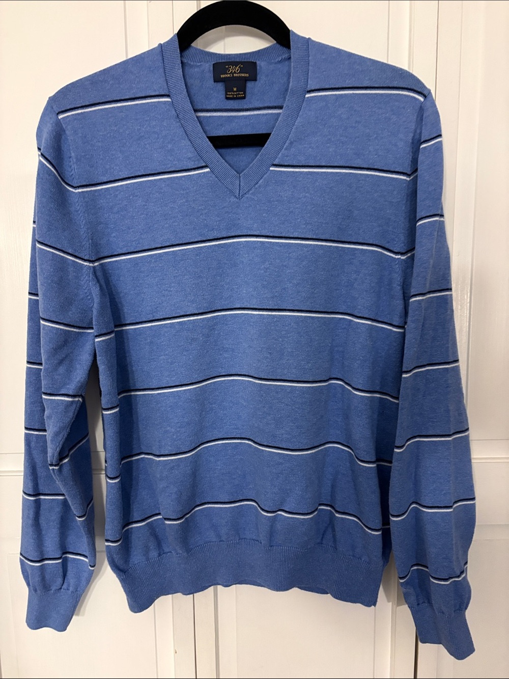 Brooks Brothers Blue V-Neck Sweater with White and Navy Stripes